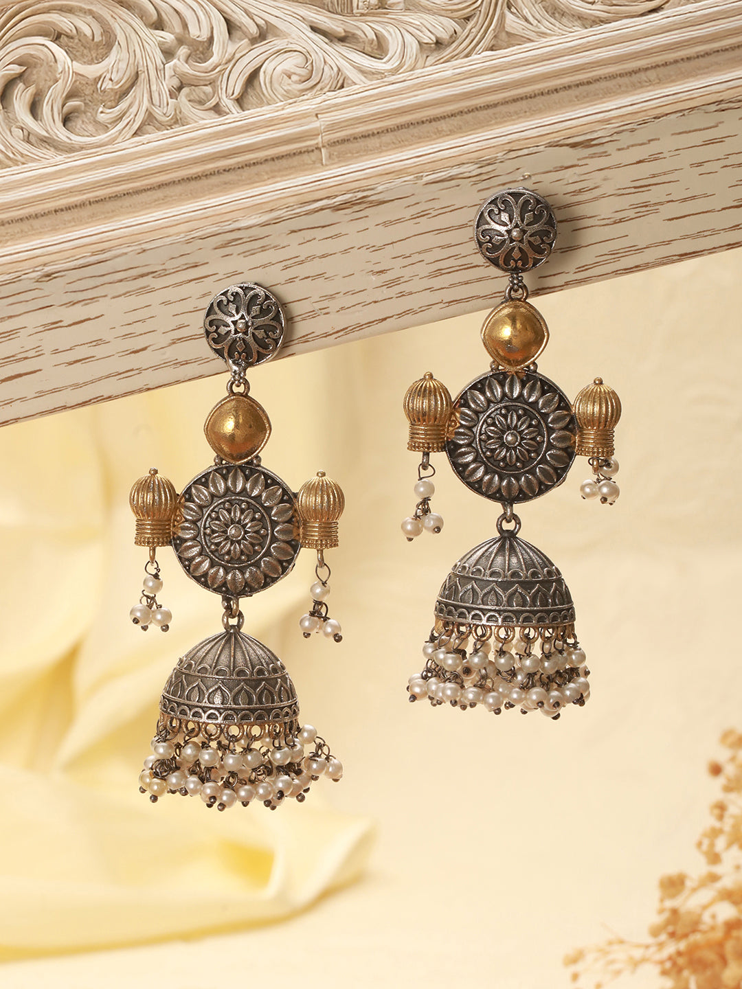 Silver Oxidised Dual Toned  Dangler Fusion  Lightweight  Jhumka  Earrings